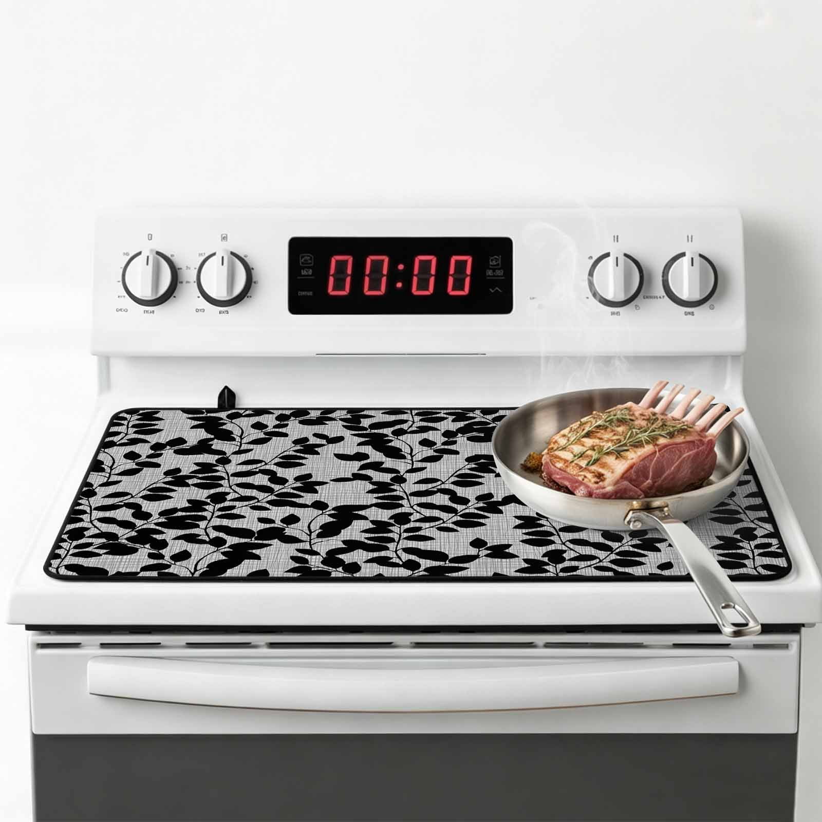 Grey Black Botanical Stove Top Cover for Electric Stove, Heat-proof & Non Slip Glass Top Stove Cover Protector, Pastoral Spring Floral Summer Art Kitchen Flat Cooktop Rubber Mat 36x21 Inches
