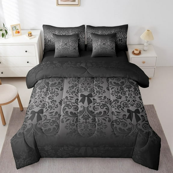 Grey Black Bow Knot Bed in a Bag King Size Comforter Set 7 Pieces,Antique Victorian Damask Bedding Set,Bow Knot Sheet Set Vintage Floral Gothic Bed Set,Exotic Baroque Flowers Bohemian Decor