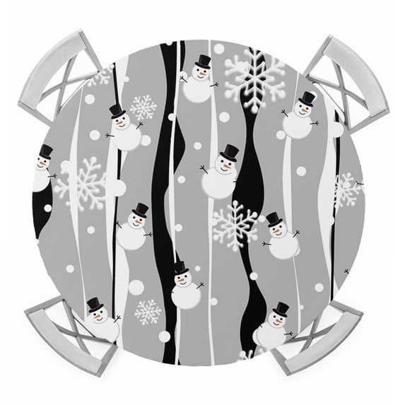 Grey Black Christmas Round Tablecloth for 45-54 Inch Tables, Fitted Table Cover with Elastic Edge, Xmas Snowman Snowflake Waterproof Outdoor Table Cloth Protector for Patio Garden Dinner Picnic