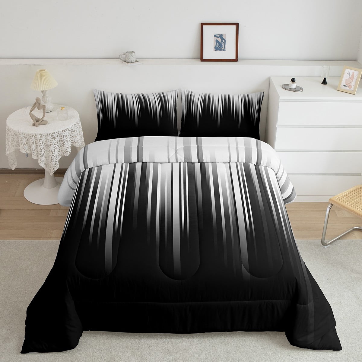Grey Black Comforter Set Full Abstract Gradient Stripes Bedding Set for