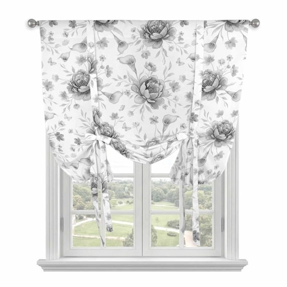 Grey Black Flower Balloon Curtains 63 Inch Length for Living Room/Bedroom, Spring Watercolor Floral Plant Textured Rod Pocket Privacy Door Curtains Decorative Tie Up Shade for Window 52"x63"