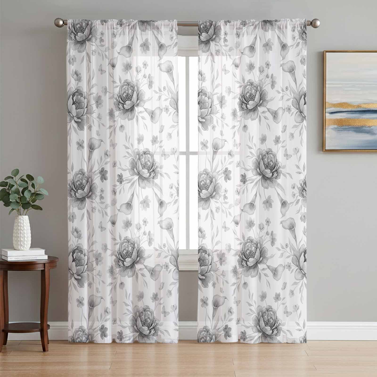Grey Black Flower Sheer Curtains 84 Inch Length 2 Panels Set, Spring