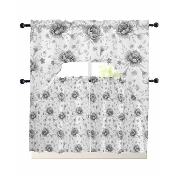 Grey Black Flower Swag Kitchen Curtains Sets for Windows 24 Inch Length, Spring Watercolor Floral Plant Textured Short Window Curtain Panels Swags Valances and Tiers 3 Piece Set for Cafe/Dining Room