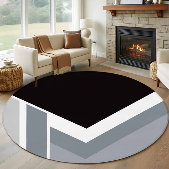 Grey Black Geometric Round Area Rug 7Ft Washable Circle Rugs for Dorm Laundry Room, Modern Abstract Lines Color Blocks Non-Slip Carpet Floor Mats Indoor Outdoor Carpet Runner Aesthetic Home Decor