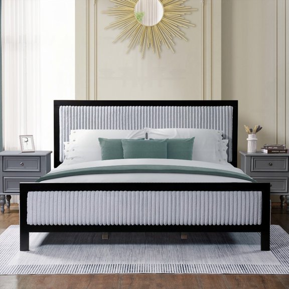 Grey+Black King Upholstered Bed featuring a Fluffy Soft Headboard and 800-pound Weight Capacity
