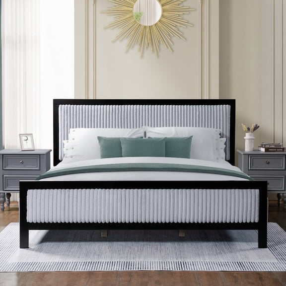 Grey+Black King Upholstered Bed with Fluffy Headboard & Extra Support Legs