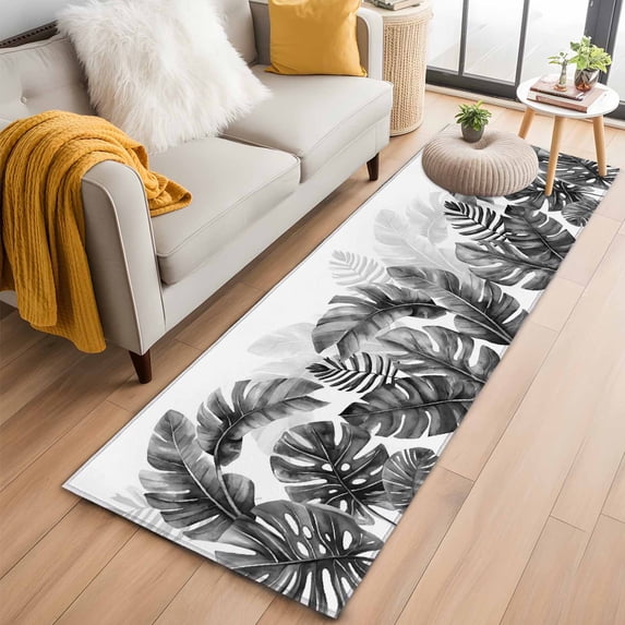 Grey Black Leaves 2'x6' Runner Rugs for Hallway Kitchen Bedside Non Slip Washable, Summer Botanical Watercolor Leaf Entryway Rug Runners with Rubber Backing, Long Carpet Runner for Laundry Room