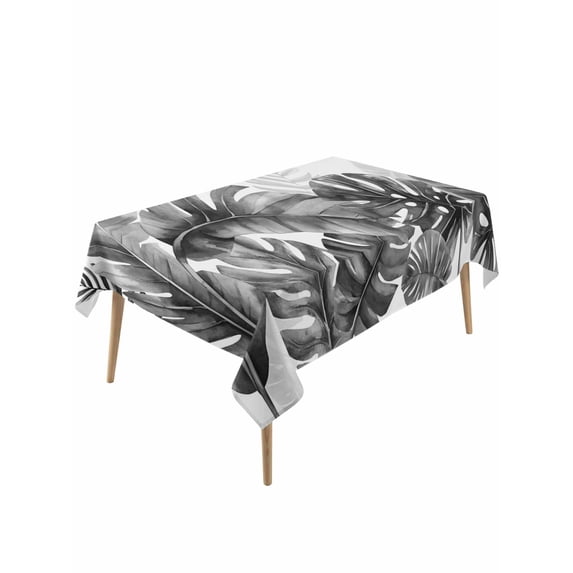 Grey Black Leaves Rectangle Tablecloth, Summer Botanical Watercolor Leaf Waterproof & StainResistant Tablecloth, Washable Oil-proof Table Cover for Dining/Party/Wedding/Camping/Buffet 60x120 In