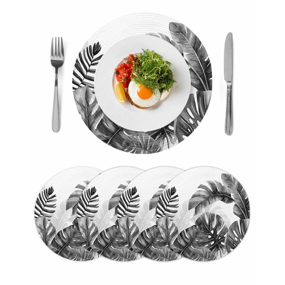 Grey Black Leaves Round 13 Inch Placemats Set of 4, Summer Botanical Watercolor Leaf HeatResistant Non Slip Place Mats for Dining Table, Wipeable Braided Kitchen Table Mats for Housewarming