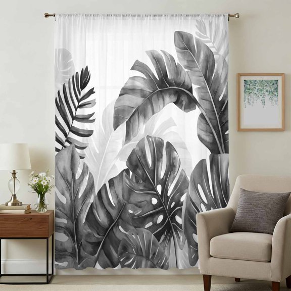 Grey Black Leaves Sheer Curtains 45 Inches Long for Bedroom, Summer Botanical Watercolor Leaf Light Filtering Privacy Drapes, Breathable Semi Sheer Short Window Treatment for Kitchen Cafe Bathroom