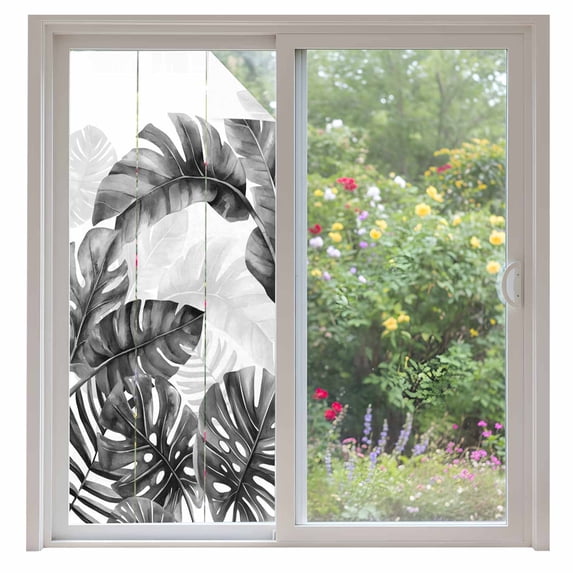 Grey Black Leaves Window Privacy Film, Summer Botanical Watercolor Leaf Static Cling UV Sun Blocking Heat Control Window Tint Day and Night, Non-Adhesive One Way Windows Privacy Cover 35.4''x78.7''
