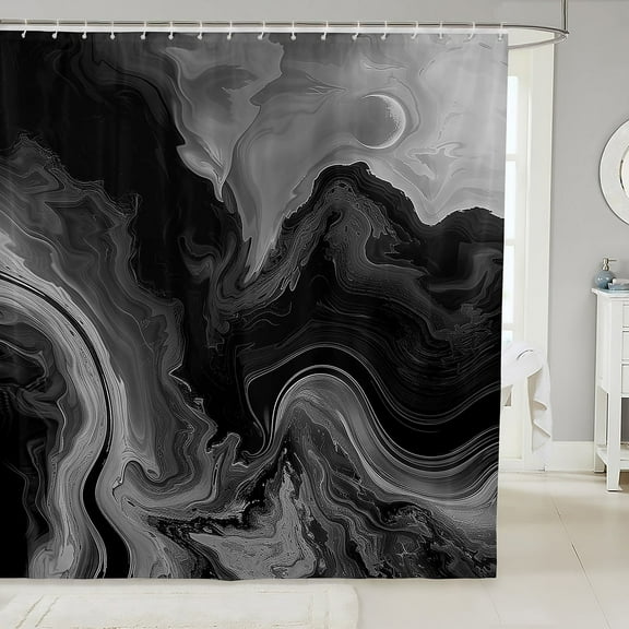 Grey Black Marble Shower Curtain Modern Abstract Art Waterproof Bathroom Curtain, Aesthetic Marbling Bath Curtain Watercolor Stone Pattern Shower Curtain Set, Mountain Fluid Bathroom Accessories