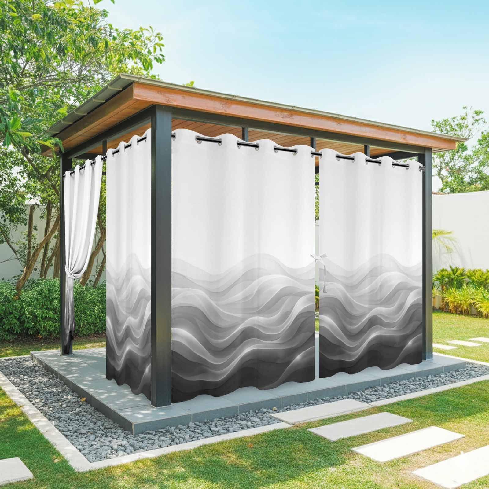 Grey Black Ombre Outdoor Curtains for Patio, Abstract Modern Gradient Ripple Sunshade Privacy Drapes Grommet Waterproof Outside Curtains for Porch/Cabana/Balcony 54"x 108", 1 Panel