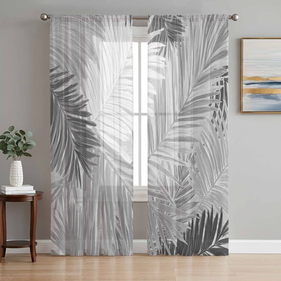 Grey Black Palm Leaves Sheer Curtains 72 Inches Long, Summer Tropical Plants Botanical Light Filtering Window Curtains for Living Room, Rod Pocket Voile Sheer Curtain Drapes, 52"W x 72"L, 2 Panels