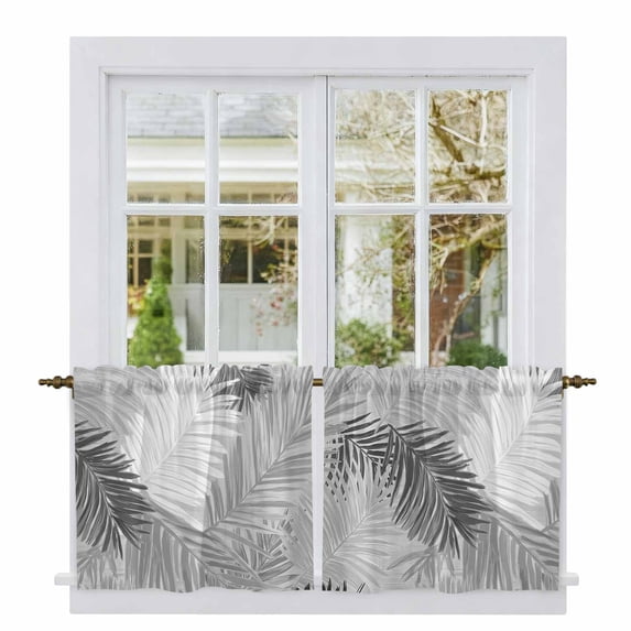 Grey Black Palm Leaves Tier Curtains 24 Inch Length, Summer Tropical Plants Botanical Cafe Short Curtains for Bathroom Over Sink, Small Kitchen Curtain Light Filtering Drapes 2 Panels 27.5"Wx24"L