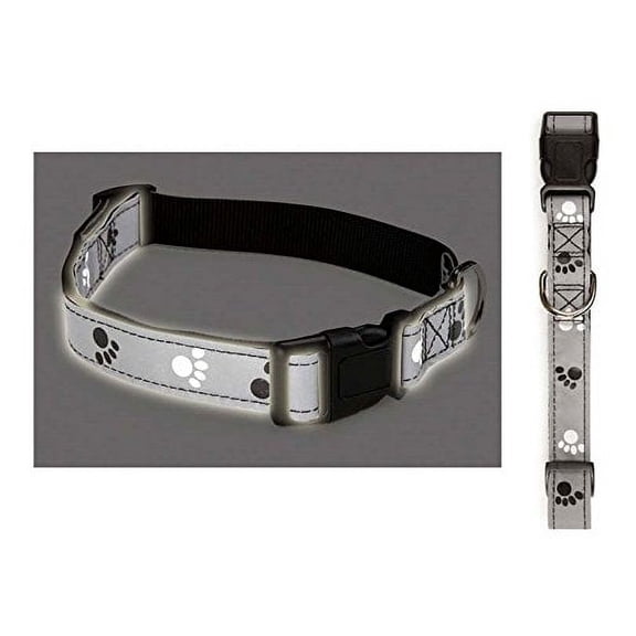 Grey & Black Reflective Pawprint Dog Collars - Great for Nighttime Safe Walks ! (xSmall - 6 to 10 Inch)