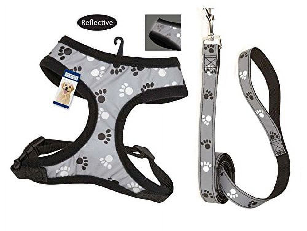 Grey & Black Reflective Pawprint Matching Dog Harness & Lead Sets Night Safety (Small - 12 to 17 inch)