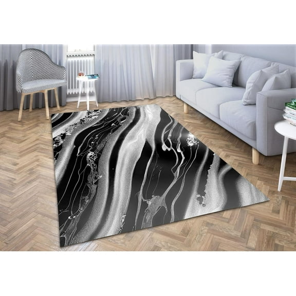 Grey Black Silver Marble Area Rug Abstract Luxury Machine Washable Print Thin Rug Low Pile Lightweight Non Slip Carpet, Easy Cleaning Bedroom Living Room Dining Accent Rug 2x3ft