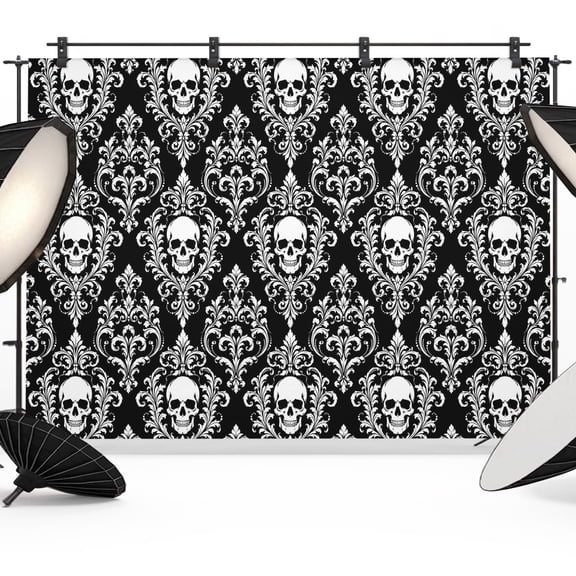 Grey Black Skulls Backdrops for Photography, Mysterious Fantasy Abstract Floral Skeletons Fabric Photo Background Sturdy Studio Props for Photo Studio, Video Recording, Booth & Photoshoot 10x8ft