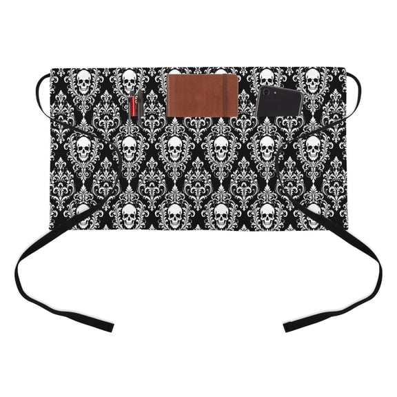 Grey Black Skulls Kitchen Restaurant Half Waist Apron, Mysterious Fantasy Abstract Floral Skeletons Server Short Apron with 3 Pockets Waterproof Oil Waist Aprons for Women Waitress Waiter