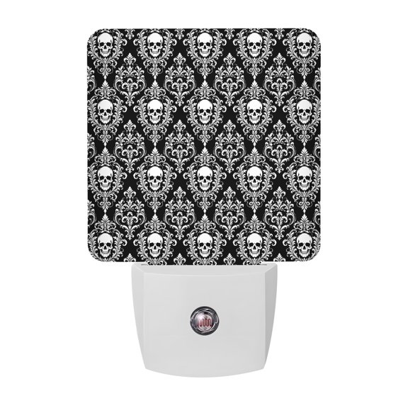 Grey Black Skulls Night Lights, Mysterious Fantasy Abstract Floral Skeletons Smart Auto Dusk to Dawn Sensor Nightlights Plug-in Nightlight for Bedroom Bathroom Living Room Kitchen Hallway