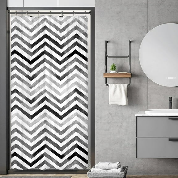 Grey Black Stall Small Half Size Shower Curtain 36x72 Inch Chevron Herringbone Ombre Striped Geometric Single Narrow Walkin Standing Dorm Decor Fabric Bathroom Polyester Waterproof