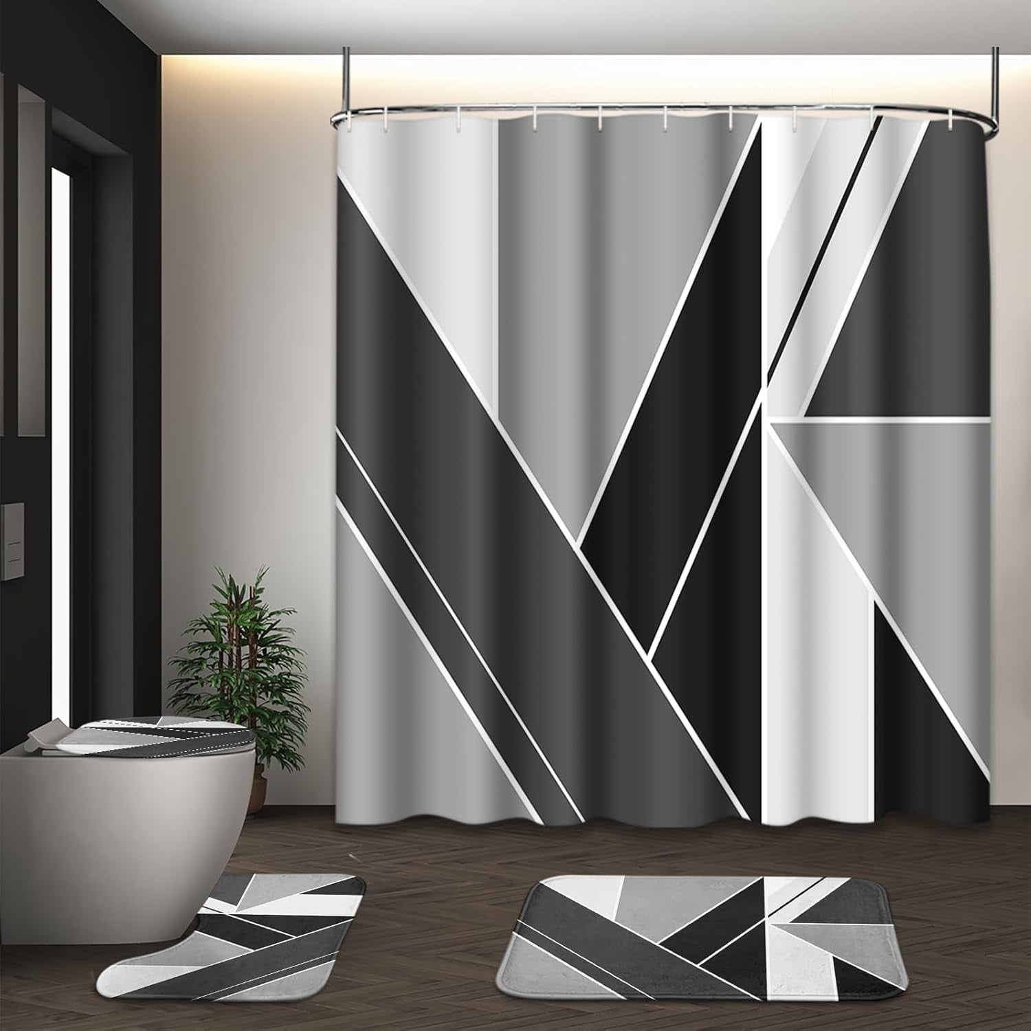 Grey Black Wavy Line Shower Curtain Set with Toilet Lid Cover and Non-Slip Rugs for Bathroom, Abstract Stripes 4 Pcs Shower Curtain, Modern Geometric Bathroom Set with 12 Hooks