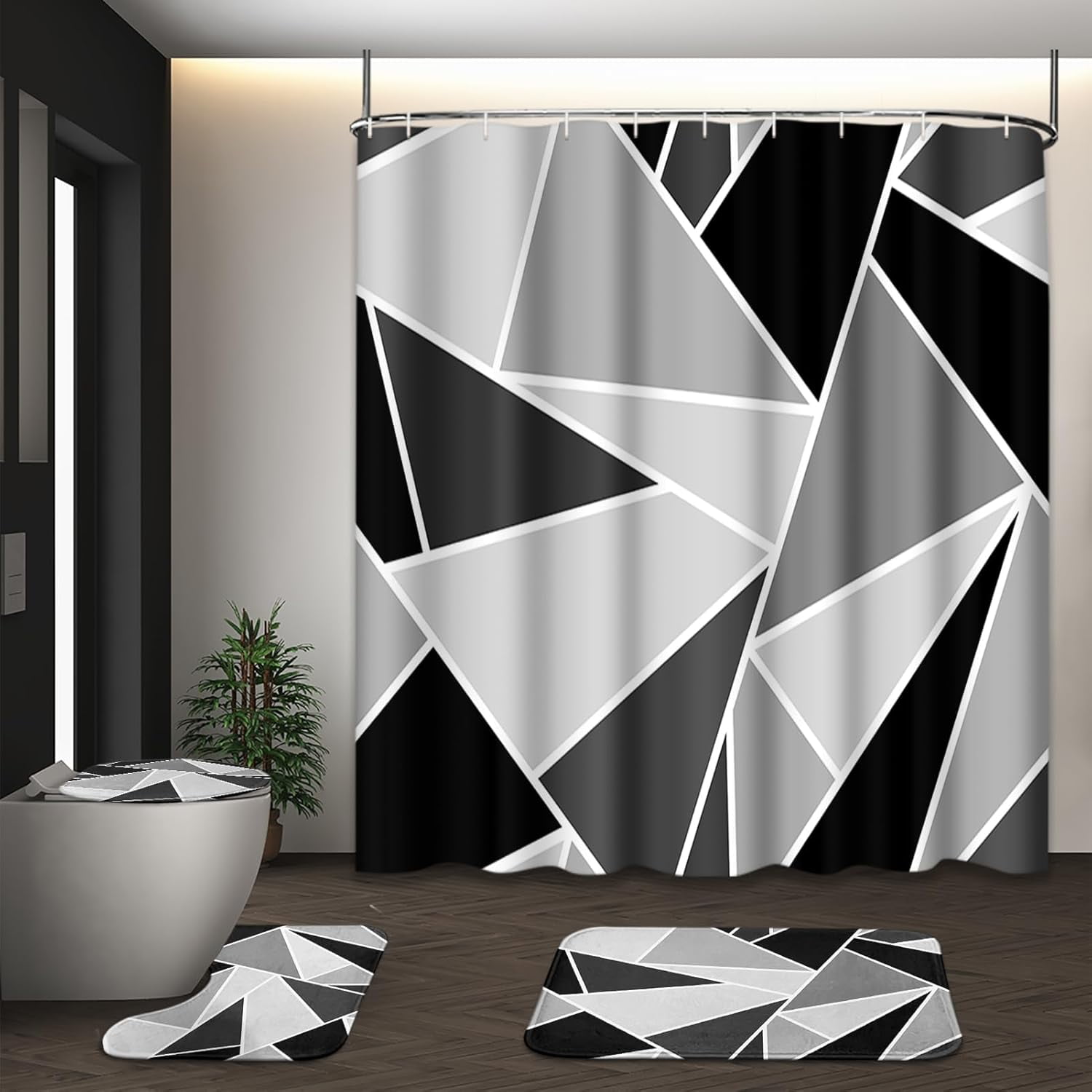 Grey Black Wavy Line Shower Curtain Set with Toilet Lid Cover and Non-Slip Rugs for Bathroom, Abstract Stripes 4 Pcs Shower Curtain, Modern Geometric Bathroom Set with 12 Hooks