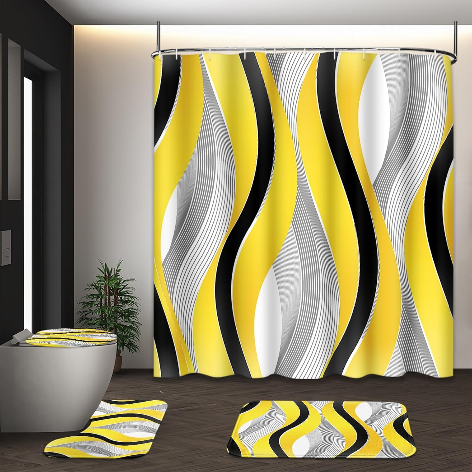 Grey Black Wavy Line Shower Curtain Set with Toilet Lid Cover and Non-Slip Rugs for Bathroom, Abstract Stripes 4 Pcs Shower Curtain, Modern Geometric Bathroom Set with 12 Hooks