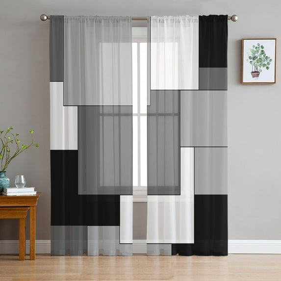 Grey Black White Abstract Sheer Curtains 63 Inches Length 2 Panels Set, Window Sheer Curtains for Living Room/Bedroom, Art Modern Light Filtering Rod Pocket Curtain 52'' x 63'' x 2