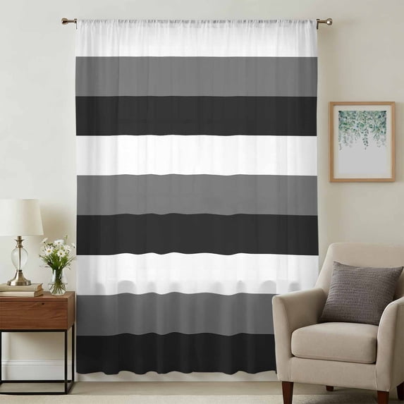 Grey Black White Striped Sheer Curtains 72 Inches Long, Farmhouse Stripes Light Filering Curtains, Breathable Simi Curtain Privacy Drapes for Living Room Bedroom Lightweight Window Treatment