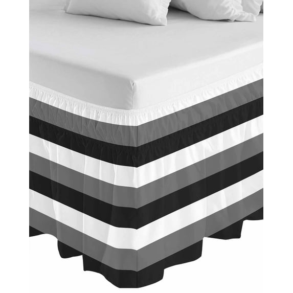 Grey Black White Striped Wrap Around Bed Skirts for California King Bed 18" Drop,Bed Skirt with Adjustable Elastic Belt Dust Ruffle Bed Valance for Bedroom Hotel Farmhouse Stripes Bed Frame Cover