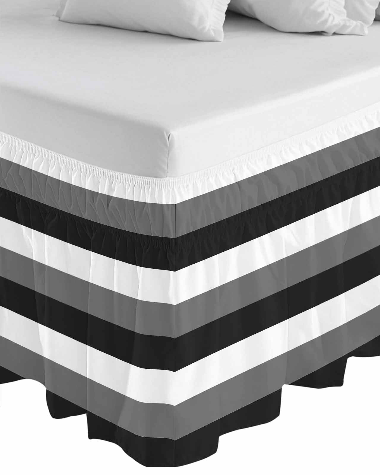 Grey Black White Striped Wrap Around Bed Skirts for Queen Bed 16" Drop, Bed Skirt with Adjustable Elastic Belt Dust Ruffle Bed Valance for Bedroom Hotel Luxury Farmhouse Stripes Bed Frame Cover