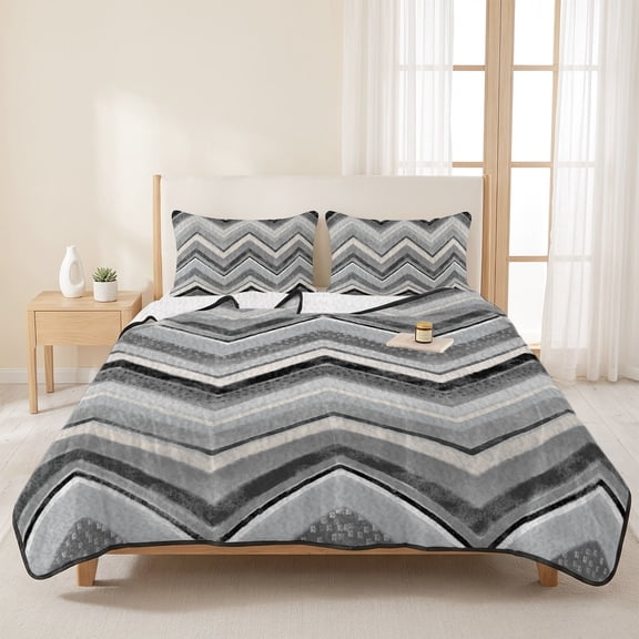 Grey Black White Stripes Chevron 3 Pieces Quilt Set,1 Quilt with 2 Shams,Retro Abstract Geometric Art Bedspread Soft Lightweight Bedding Coverlet Comforter Set for All Season 96"x106"
