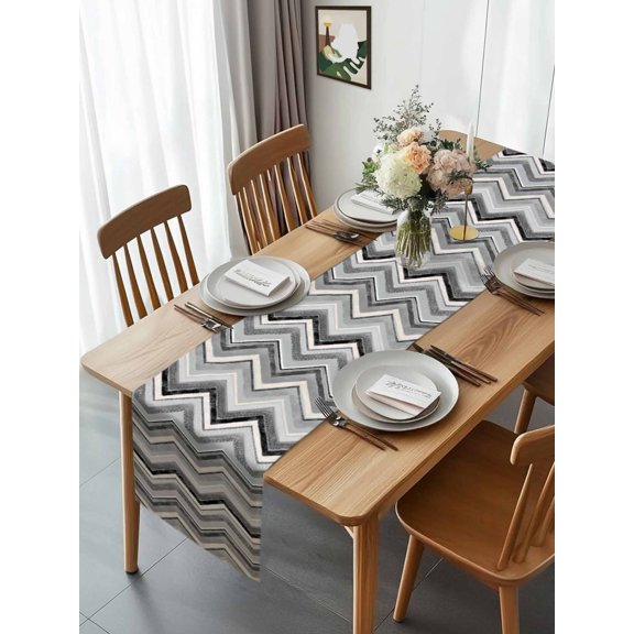 Grey Black White Stripes Chevron Table Runner 13x70in Non-Slip Cotton Linen Table Runners, Retro Abstract Geometric Art Dresser Scarves TableRunner for Dinner Kitchen Dining Wedding Party