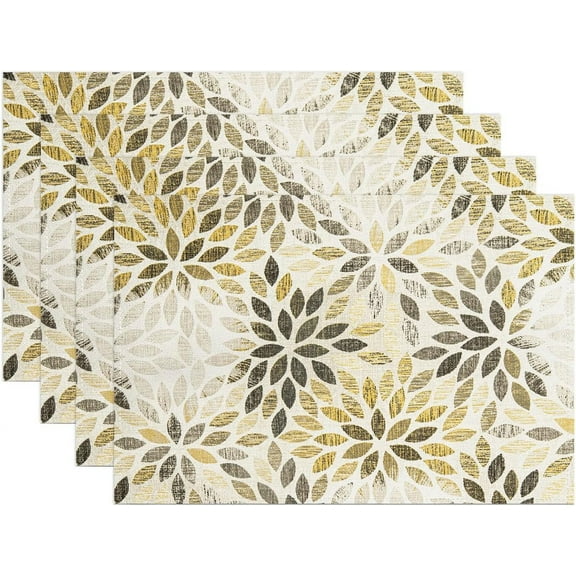 Grey Black Yellow Placemats Set of 4 Summer Modern Elegant Geometric Flower Linen Table Place Mat Non-Slip Heat Resistant Place Mats for Home Kitchen Dining Table, 12"x18"