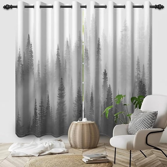 Grey Blackout Curtains, Abstract Misty Forest Window Curtains For Living Room Nature Landscape Room Darkening Drapes With Grommets 42"W x 63"L (Pack of 2)