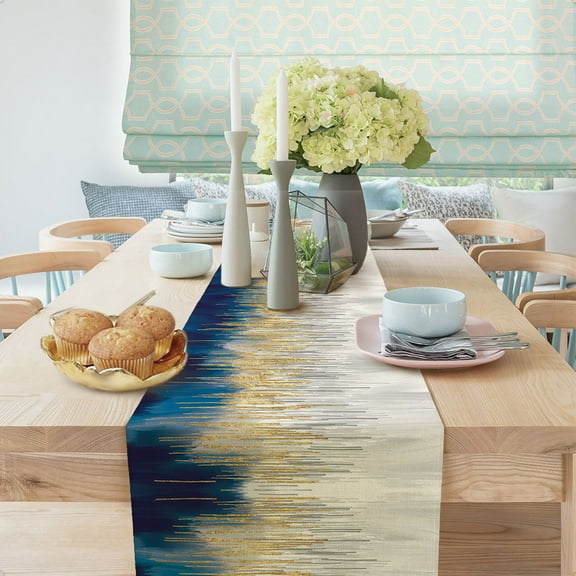 Grey and Blue Abstract Table Runners,Gray Gold Navy Blue Ombre Non-Slip Linen Dining Room Table Runners for Family Dinner/Wedding Holiday/Outdoor Indoor Party Home Decoration,13X72in