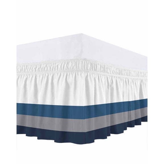 Grey Blue Bed Skirt Queen Size 18" Drop Geometric Stripes Ruffled Wrap Around Bed Skirts Adjustable Elastic Bedskirt Dust Ruffle for Queen Size Bed