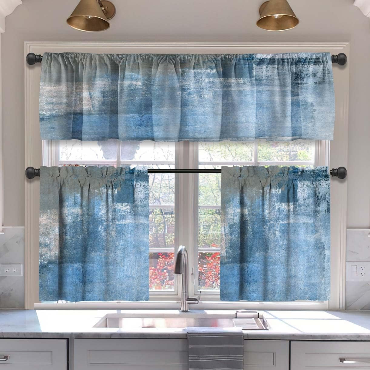 Grey and Blue Blackout Kitchen Curtains Tiers and Valances Set 3 Piece for Windows Modern Art Kitchen Window Curtains Set,Trendy Abstract Valances for Living Room(36" Tiers Set)