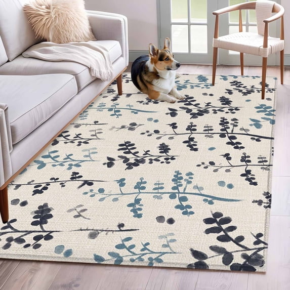 Grey Blue Botanical 3'x5' Washable Rug, Rustic Country Spring Floral Summer Leaf Non-Slip Area Rugs for Entryway Kitchen Classroom, StainResistant Dorm Throw Carpet, Low Pile Soft Indoor Floor Mat
