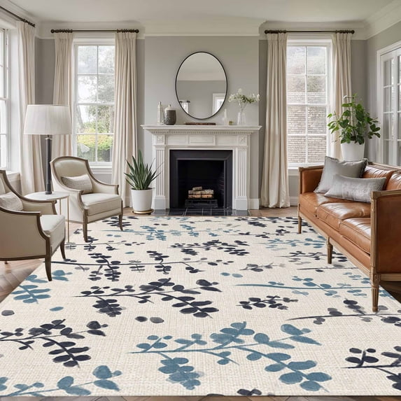 Grey Blue Botanical Area Rugs 6'x9', Small Throw Rugs for Kitchen Dining room, Rustic Country Spring Floral Summer Leaf Indoor Outdoor Rug Non-Slip Low Pile Carpet Runner Reversible Floor Mats