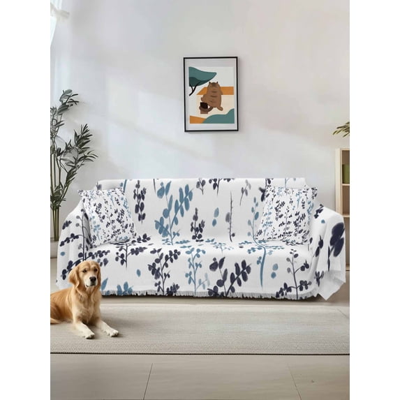 Grey Blue Botanical Couch Cover for 2 Cushion Sofa, Watercolor Spring Floral Summer Leaf Washable Loveseat Sofa Covers Slipcover for Sectional Sofas L-Shaped, Couch Throw Cover 71"x118"