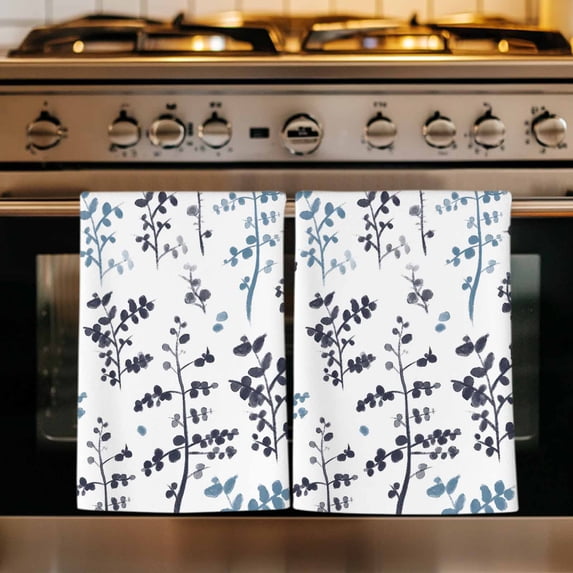 Grey Blue Botanical Kitchen Towels Set of 3, Watercolor Spring Floral Summer Leaf Absorbent Dish Towels for Kitchen, Microfiber Hand Towel, Quick Drying Tea Towel for Cleaning Decorative Dishcloths