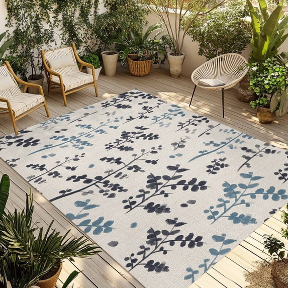 Grey Blue Botanical Outdoor Rug for Patio/Deck/Porch, Non-Slip Large Area Rug 4 x 6 Ft, Rustic Country Spring Floral Summer Leaf Indoor Outdoor Rugs Washable Area Rugs, Camping Rug Carpet Runner