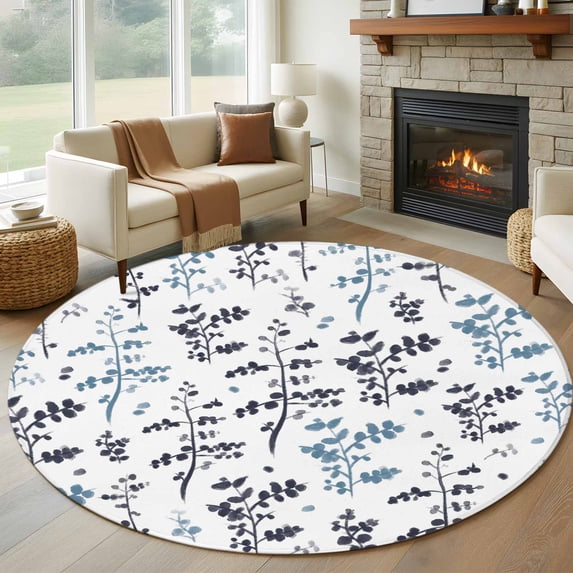 Grey Blue Botanical Round Rug 7ft Washable Circle Rugs Non Slip Watercolor Spring Floral Summer Leaf Large Area Rug Indoor Floor Carpet for Bedroom Kitchen Living Room Home Office Dining Room Nursery