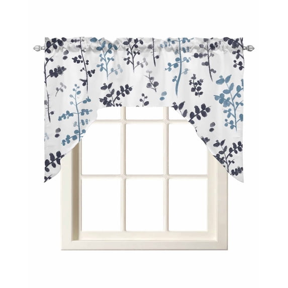Grey Blue Botanical Swag Valances for Windows, Small Curtains Drapes, Watercolor Spring Floral Summer Leaf Kitchen Window Curtains Over Sink Window Treatment Valance for Bedroom/Bathroom 56"x36"