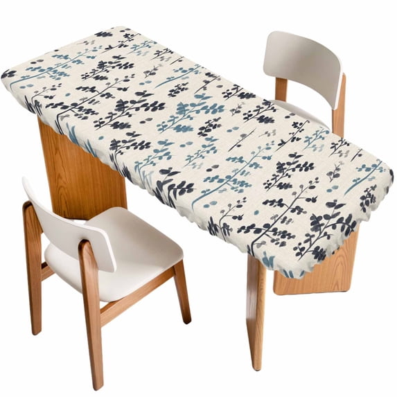 Grey Blue Botanical Table Cloths for 8 Foot Rectangle Tables, Rustic Country Spring Floral Summer Leaf Patio Waterproof Elastic Fitted Tablecloths, Washable Rectangular Table Cover for Camping