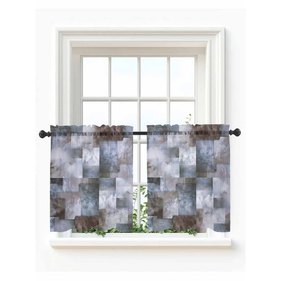 Grey Blue Brown Tier Curtains 36 Inch Length,Sheer Curtains for Bedroom Living Room Window Abstract Gradient Color Blocks Geometric Small Half Window Kitchen Curtains & Drapes 27.5"x36" 2 Panels
