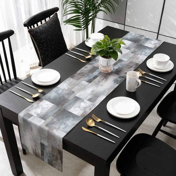 Grey Blue Cotton Linen Small Table Runner 13 x 48 inch Abstract Gradient Brown Color Blocks Geometric Non-slip Rectangular Dining Table Decor for Wedding Party Holiday Dinner